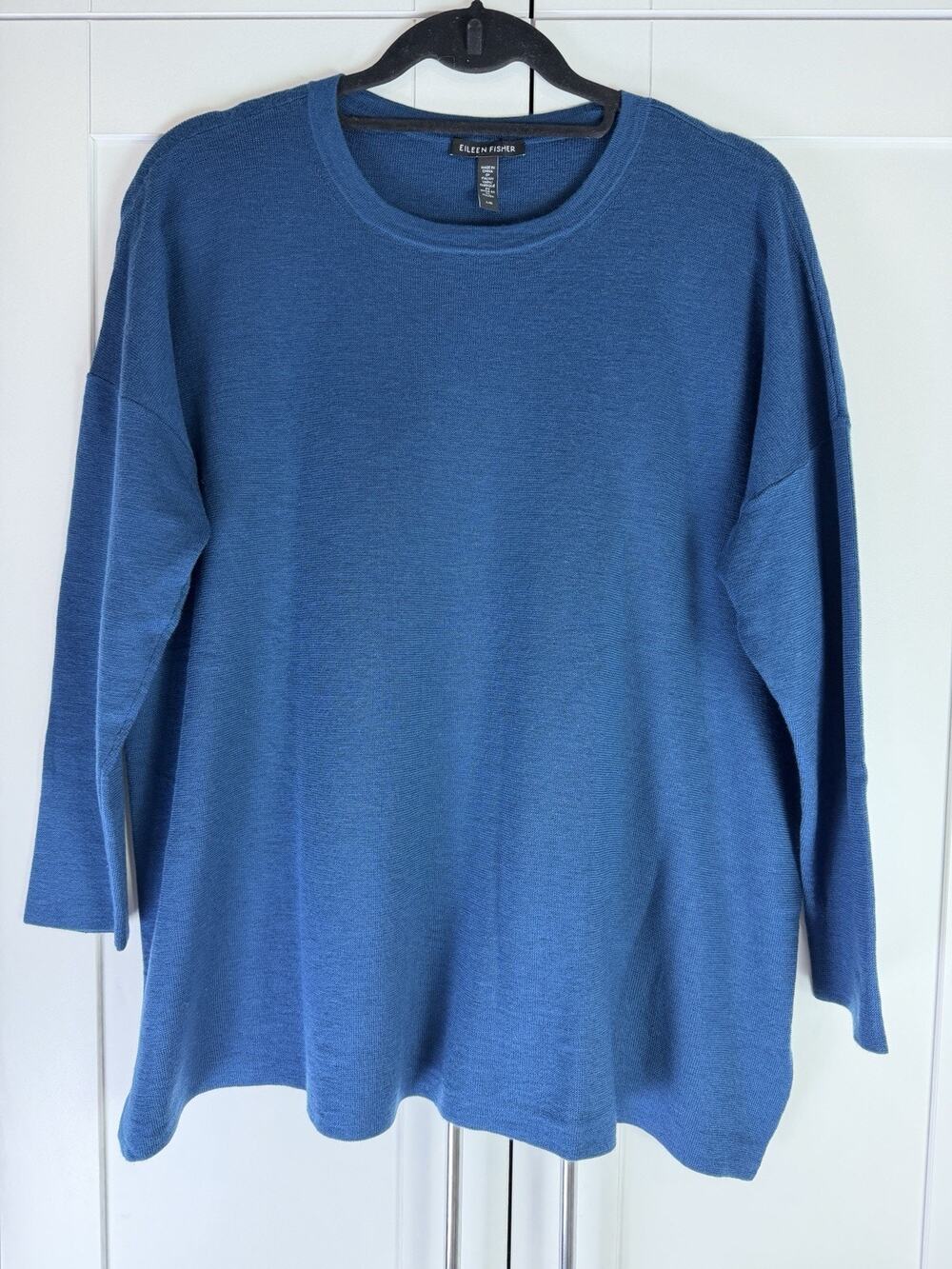 Eileen Fisher 100% Extra Fine Merino Wool Sweater Blue Large Italian Yarn Large